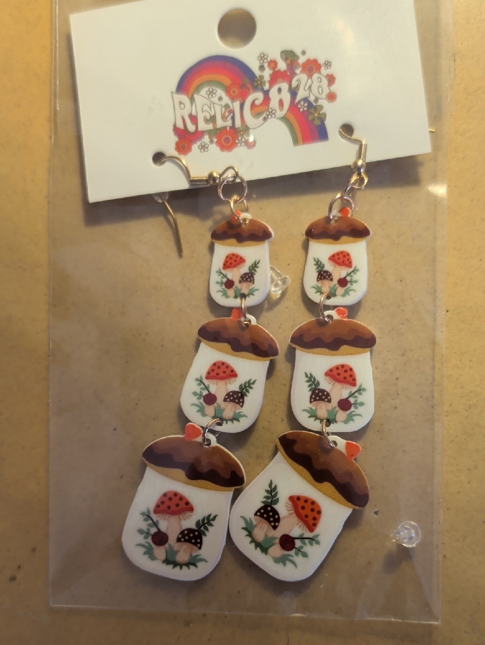 Relic 828 Mushroom Jar Dangle Earrings - White, Brown, Red